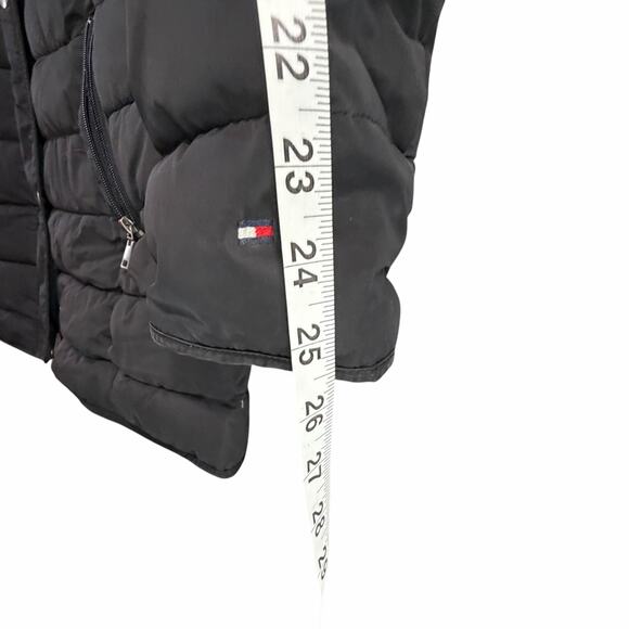 Tommy Hilfiger Puffer Coat Womens XL Black Faux Fur Trim Hooded Warm Outdoor Y2K - Picture 11 of 16